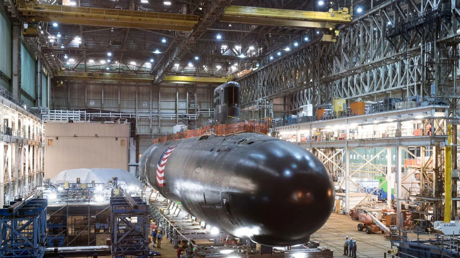 Virginia-class submarine under construction in a shipyard